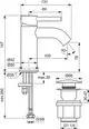 Waschtischarmatur aus Chrom mit einem Push-open Abflussmechanismus. Produkt von Ideal Standard, abgebildet mit technischen Maßangaben und Montageinformationen.